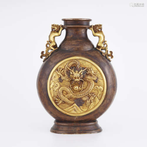 Qianlong Gilt Bronze Dragon Moon Flask