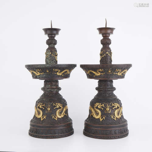 A Pair of Qing Dynasty Gilt Bronze Dragon Candlestick