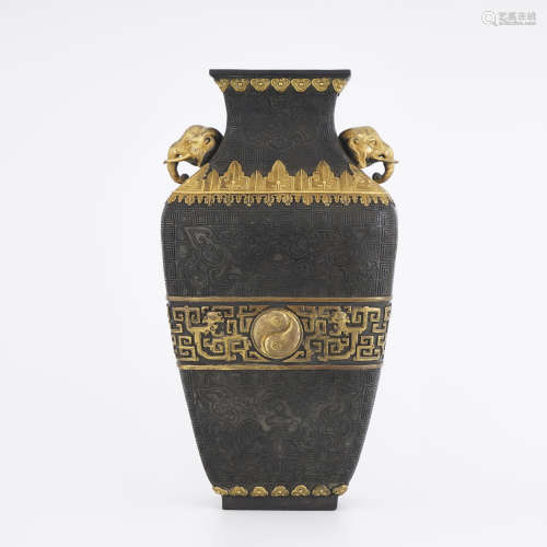 Qianlong Gilt Bronze Square Vase with Elephant Handles