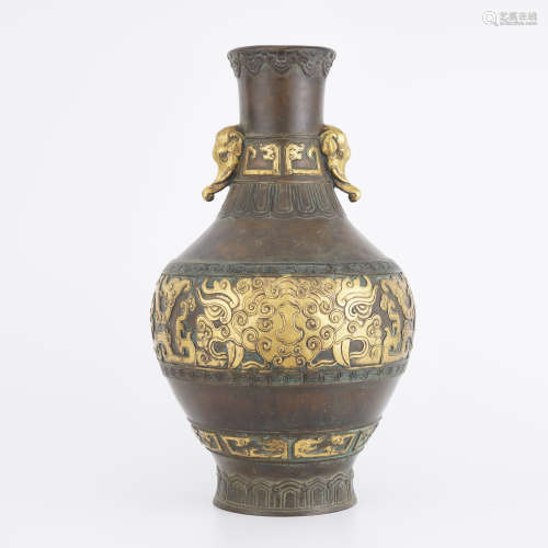 Qianlong Gilt Bronze Taotie Vase with Elephant Handles