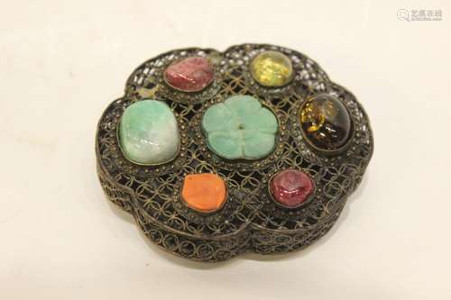 Chinese Filigree Belt Buckle w Jadeite&Tourmaline