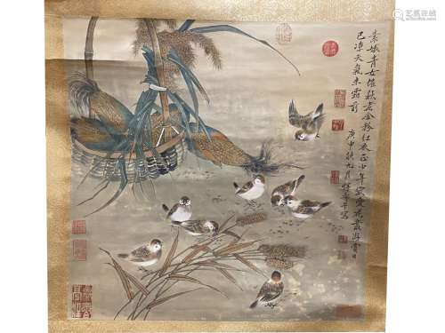 Chinese Ink Color Scroll Painting w Red Seals