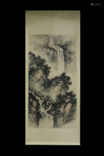 Chinese ink Color Landscape Scroll w Calligraphy