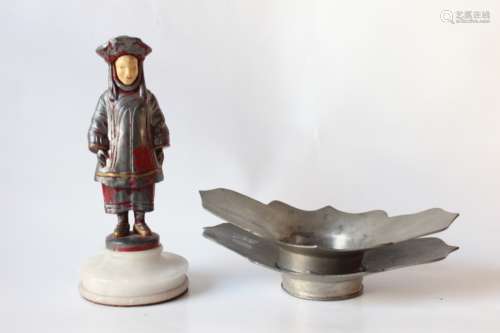 Two Chinese Pewter Tea Under Plate and Figurine