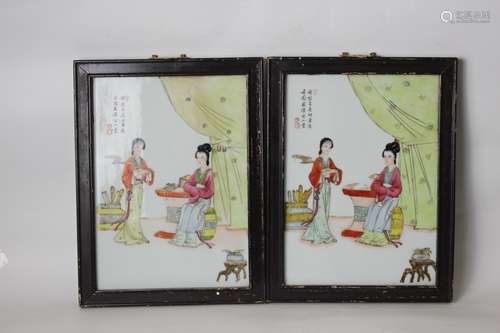 Pair Chinese Famille Rose Porcelain Plaque