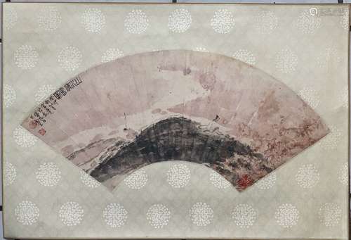 Chinese Ink Color Fan Painting w Calligraphy