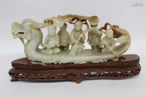 Chinese Jade Carved Dragon Boat and Figurines
