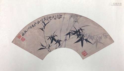 Chinese Ink Color Fan Painting w Calligraphy