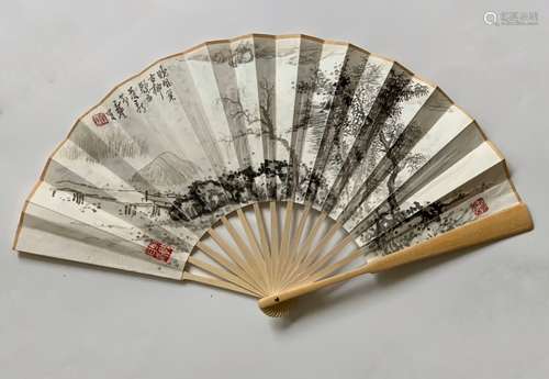 Chinese Ink Color Fan Painting w Calligraphy