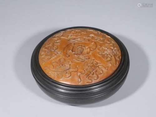 Chinese Zitan Wood Carved Round Box,Inlaid Huangya