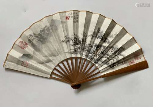 Chinese Ink Color Fan Painting w Calligraphy