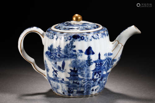 Qing Dynasty blue and white figure teapot