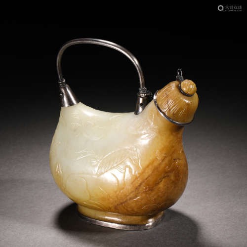 Tang Dynasty Hetian jade-wrapped silver leather pouch pot