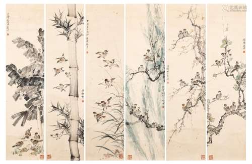 Chinese ink painting, six screens of flowers and birds by Xu...