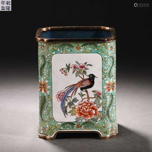 Qing Dynasty painting enamel flower and bird pen holder