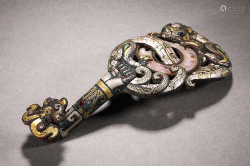 Han Dynasty wrong gold and silver Hetian jade belt hook