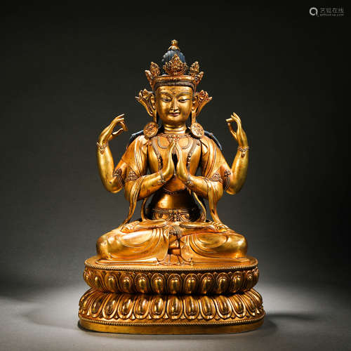 A gilt bronze four-walled Guanyin statue, Qing Dynasty