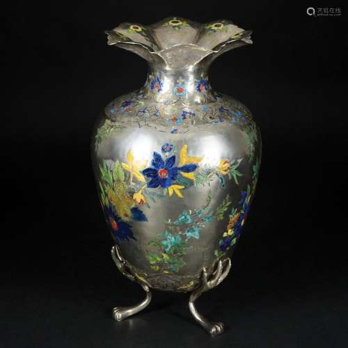 A silver engraved and painted vase, possibly Oriental
