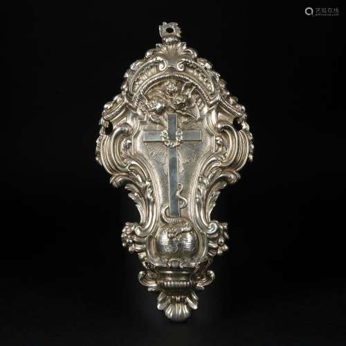 A French silver wall holy water font, 19th century