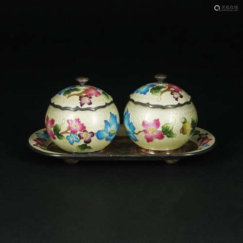 A Chinese 990/1.000 silver and enamel ink stand, early 20th ...