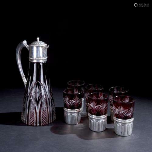A silver mounted red cutted glass bottle with 6 glasses