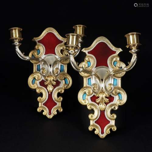 A pair of antique silver and silver gilt two-light small wal...