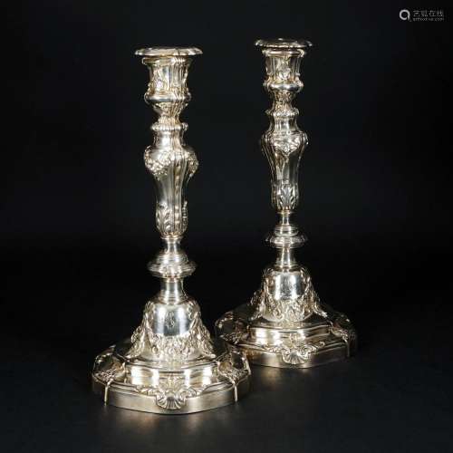 A pair of French silver candlesticks, 19th century, Fraumont