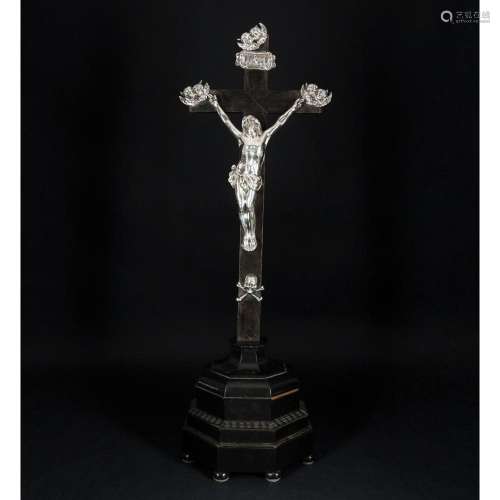 A French silver and ebonized wood table crucifix, 19th centu...