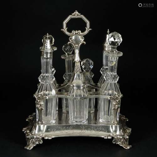 An English 7 bottles sterling silver cruet, London, 1852