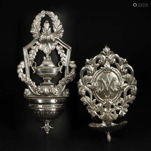 2 silver wall holy water fonts, 19th century