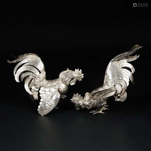 2 German silver figures of a rooster, end of 19th century