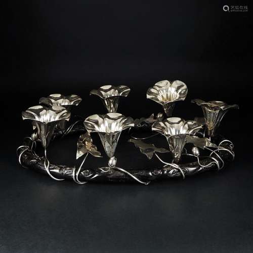 A Chinese rosewood and silver oval centerpiece, early 20th c...