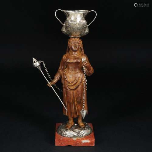 A patinated bronze and silver lamp, possibly Rome, 19th cent...