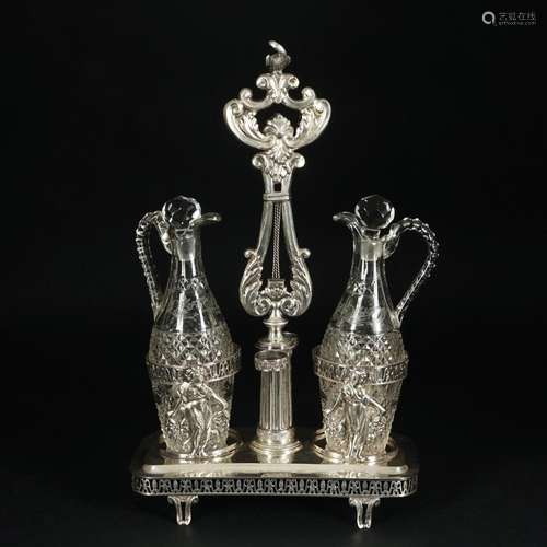 2 bottles silver cruet, 19th century