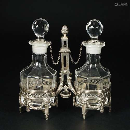 A French 2 bottles silver cruet, 19th century