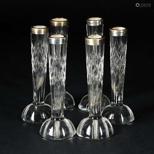 6 English sterling silver mounted crystal small vases, Chest...