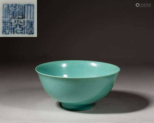 A CHINESE PEACOCK-BLUE-GLAZED BOWL,MARK AND PERIOD OF DAOGUA...