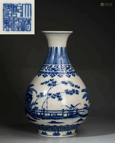 A CHINESE BLUE AND WHITE 'BAMBOO AND ROCK ' PEAR-SHAPED VASE...