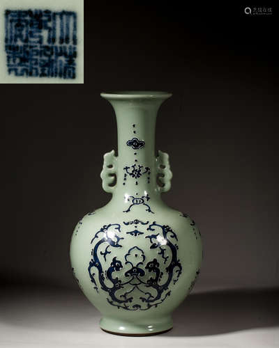 A CHINESE CELADON-GLAZED 'DRAGON' TWO-HANDLED VASE,MARK AND ...