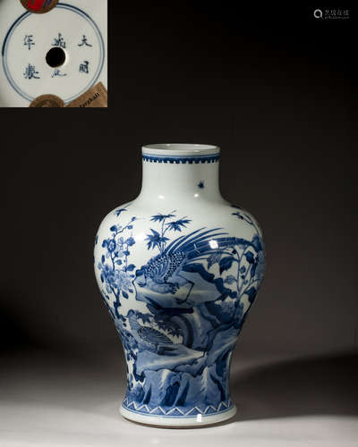 A CHINESE BLUE AND WHITE 'FLOWER AND BIRD' MEIPING,MARK AND ...