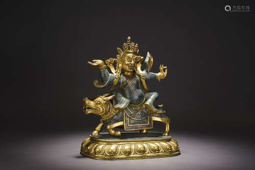 A GILT-CLOISONNE ENAMEL FIGURE OF DHARMAPALA,QING DYNASTY