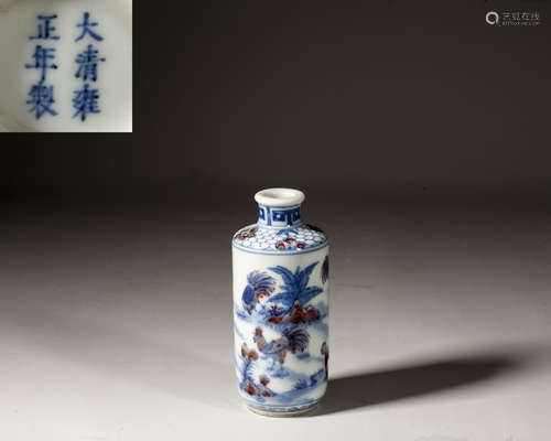 A CHINESE UNDERGLAZE-BLUE AND COPPER-RED SNUFF BOTTLE,MARK A...