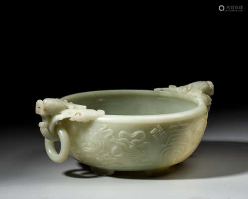 A CHINESE CARVED WHITE JADE WASHER,QING DYNASTY