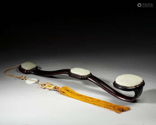 A WOOD WHITE-JADE-INLAID RUYI SCEPTER