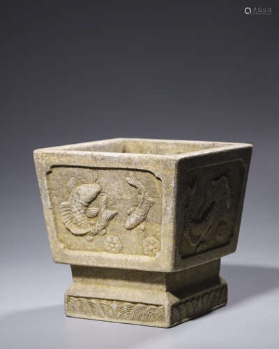 A CARVED STONE JARDINIERE,MING DYNASTY