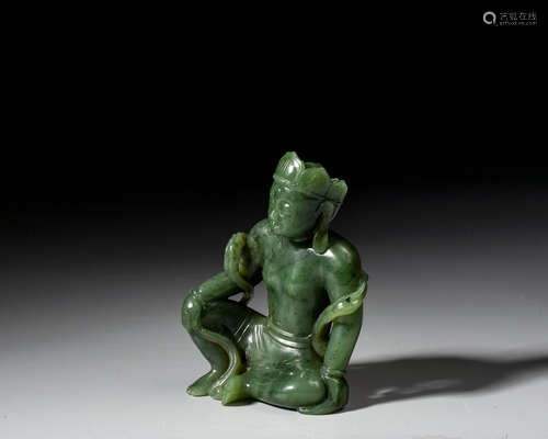 A SPINACH-GREEN JADE FIGURE OF GUANYIN,QING DYNASTY