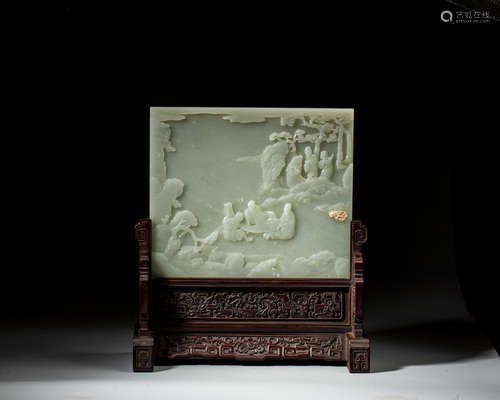 A CHINESE CARVED WHITE JADE TABLE SCREEN WITH STAND,QING DYN...