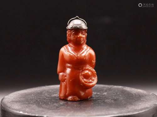 Important Chinese Baltic Amber Solider Figure With Silver He...