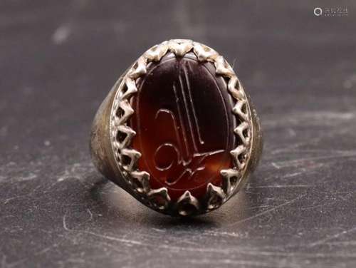 Islamic Silver & Agate Ring With Calligraphic Inscriptio...