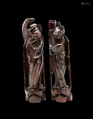 Pair Of Large Chinese Silver Inlay Wooden Figures